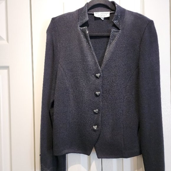 St. John Evening Maire Gray Black Princess Knit Jacket with Heart Buttons - Picture 4 of 9